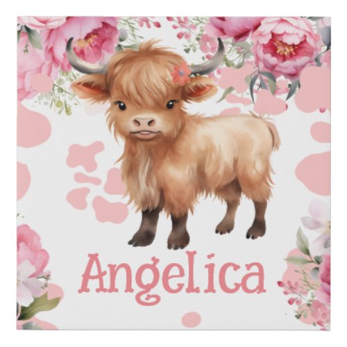 Highland Cow Pink Boho Floral  Faux Canvas Print