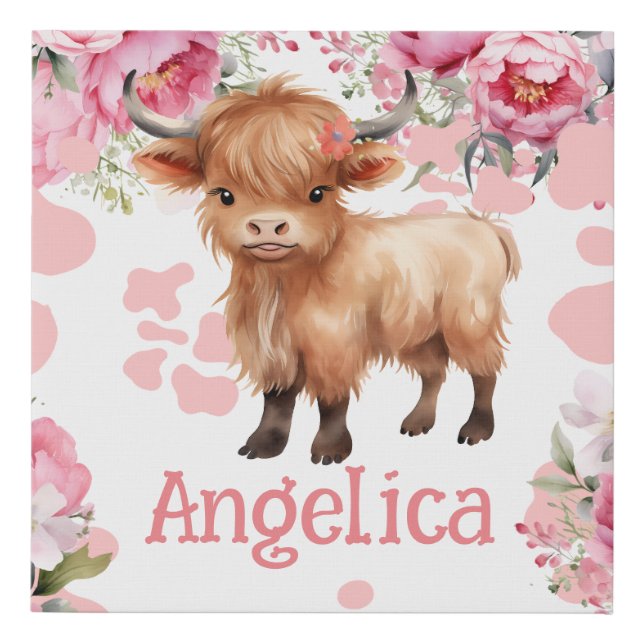 Highland Cow Pink Boho Floral  Faux Canvas Print (Front)