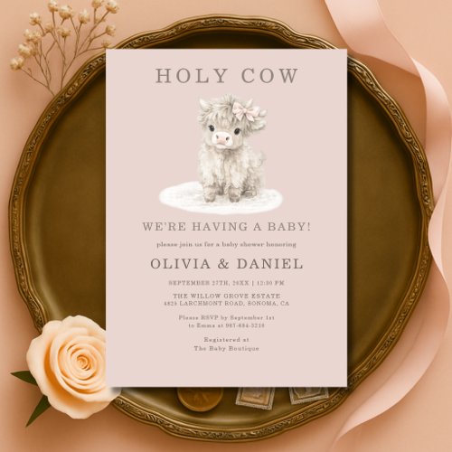 Highland Cow Pink Rustic baby shower invitation
