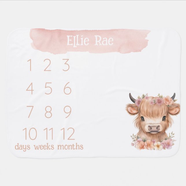 Highland cow pink floral milestone blanket (Horizontal)