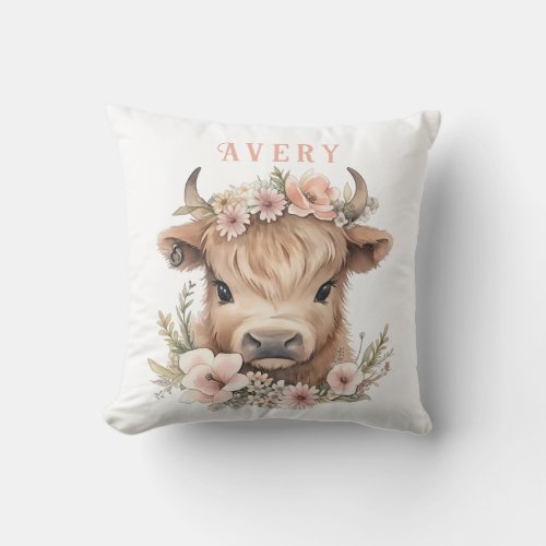 Highland cow pink floral watercolor throw pillow