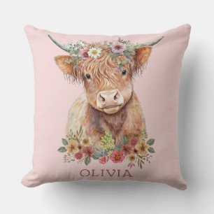 Highland Cow Pink Floral Whimsical Cute Girly Throw Pillow