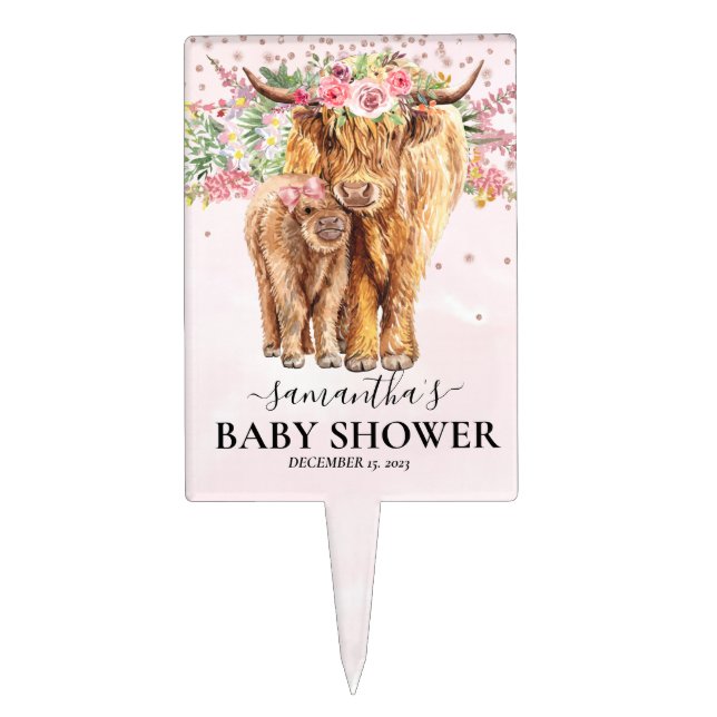 Highland Cow Pink Flower Baby shower  Cake Topper (Front)