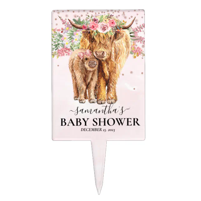 Highland Cow Pink Flower Baby shower Cake Topper
