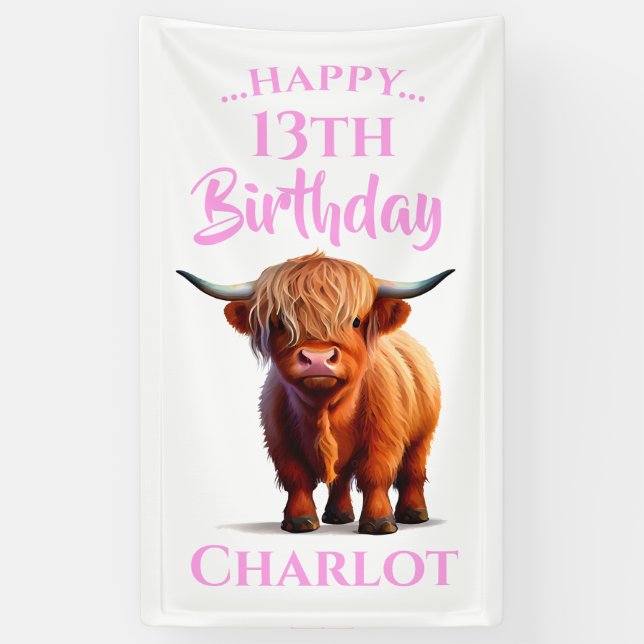 Highland Cow Pink Happy Birthday Banner (Vertical)