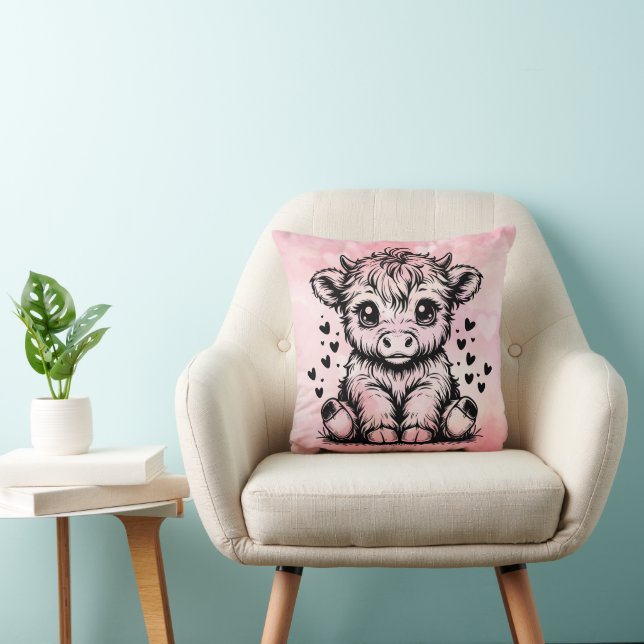 Highland Cow Pink Hearts Throw Pillow (Chair)
