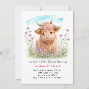 Highland Cow Pink Meadow Girl Baby Shower Invitation