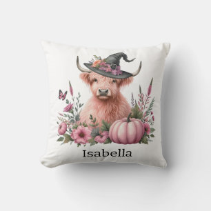 highland cow pink pumpkin flower throw pillow