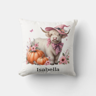 highland cow pink pumpkin flower throw pillow