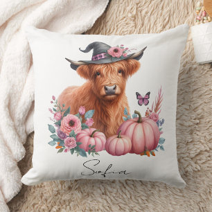 highland cow pink pumpkin flowers Throw Pillow
