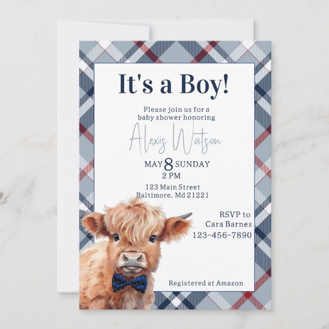 Highland cow plaid baby shower invitation  (Front)