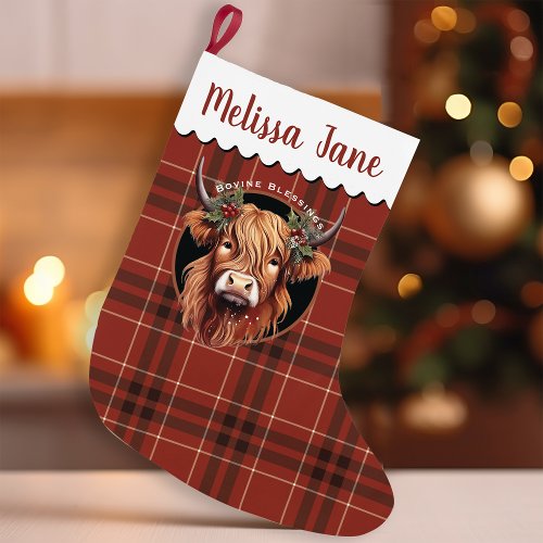 Highland Cow Plaid Monogram Small Christmas Stocking