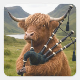 Highland Cow Playing the Bagpipes Square Sticker