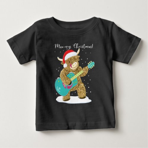 Highland Cow Plays A Merry Christmas Melody Baby T Baby T_Shirt