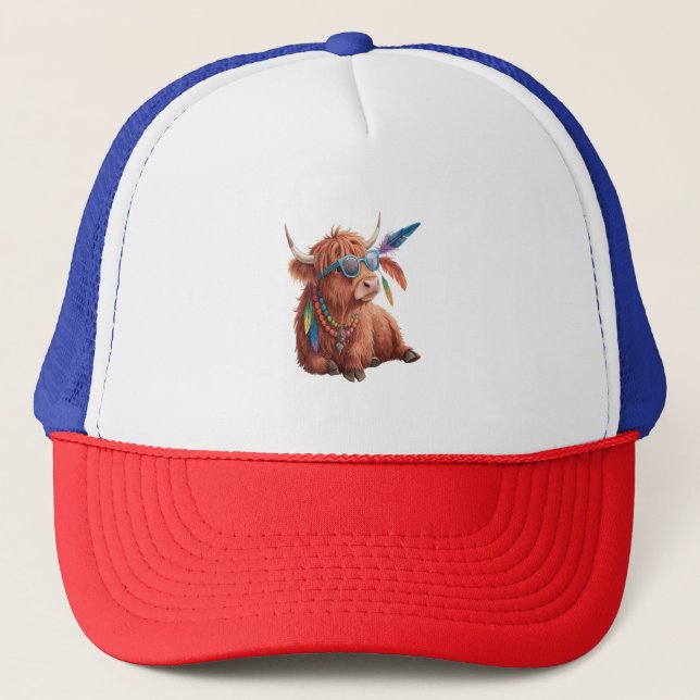 Highland Cow Png, Cool Cow Png, Sunglass Trucker Hat (Front)