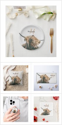 Highland cow portrait custom name initial monogram