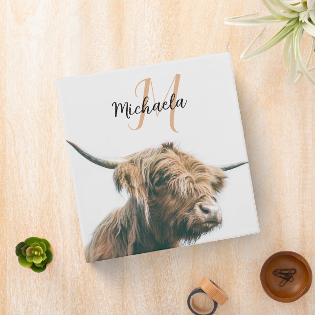Highland cow portrait custom name initial monogram 3 ring binder (In Situ)