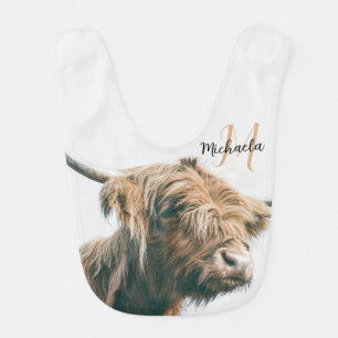 Highland cow portrait custom name initial monogram baby bib