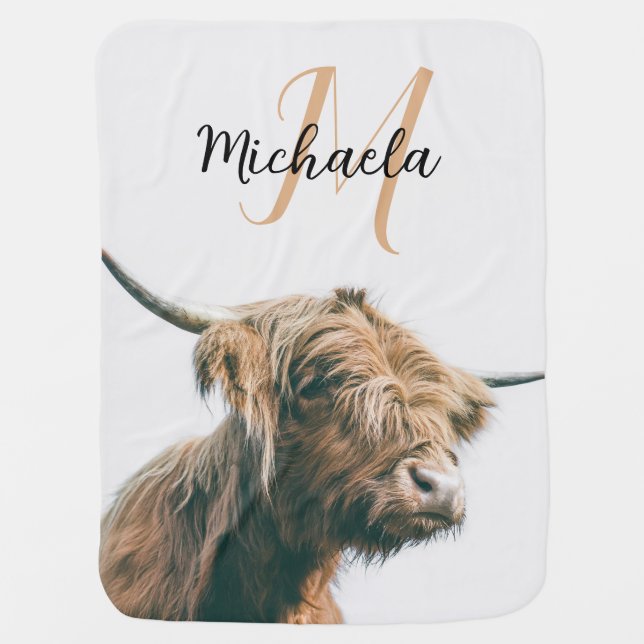 Highland cow portrait custom name initial monogram baby blanket (Front)