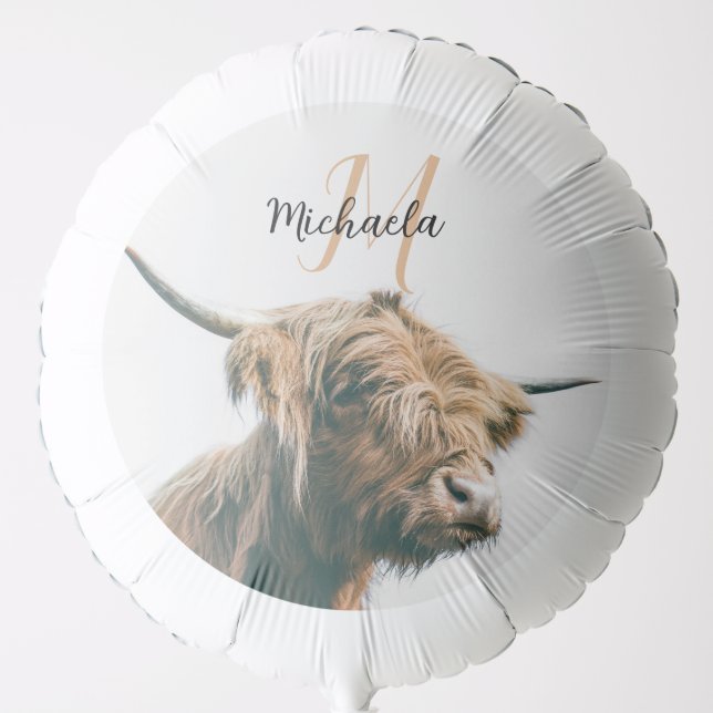 Highland cow portrait custom name initial monogram balloon (Front)