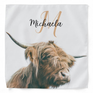 Highland cow portrait custom name initial monogram bandana