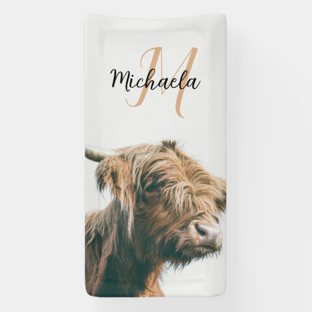 Highland cow portrait custom name initial monogram banner (Vertical)