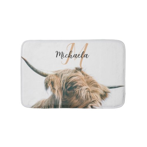 Highland cow portrait custom name initial monogram bath mat