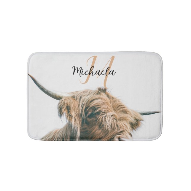 Highland cow portrait custom name initial monogram bath mat (Front)
