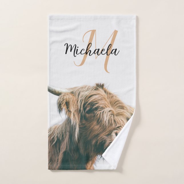 Highland cow portrait custom name initial monogram bath towel set (Hand Towel)