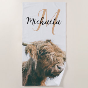 Highland cow portrait custom name initial monogram beach towel
