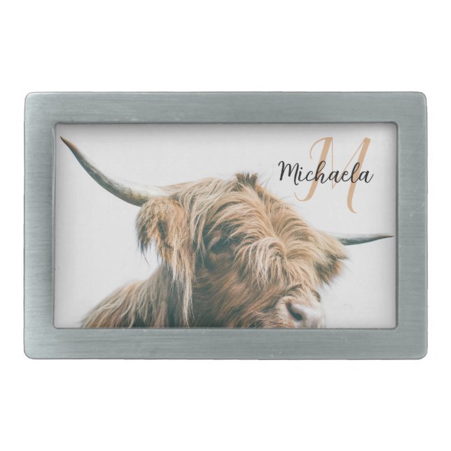 Highland cow portrait custom name initial monogram belt buckle (Front)