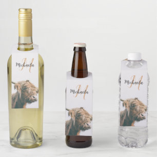 Highland cow portrait custom name initial monogram bottle hanger tag
