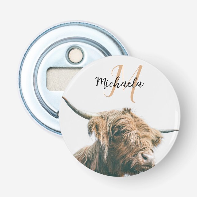 Highland cow portrait custom name initial monogram bottle opener (Front)