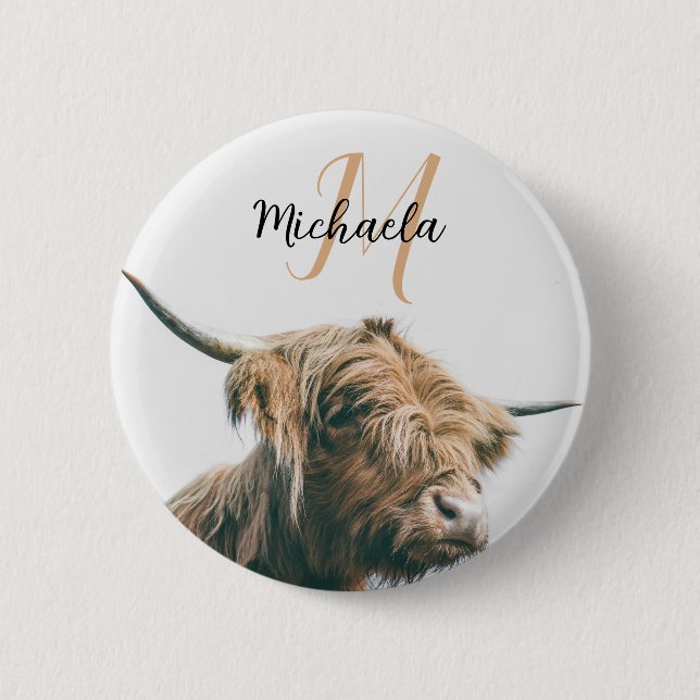 Highland cow portrait custom name initial monogram button (Front)