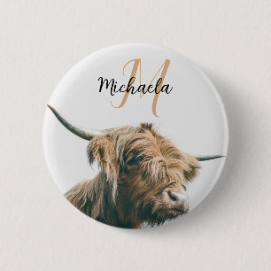 Highland cow portrait custom name initial monogram button