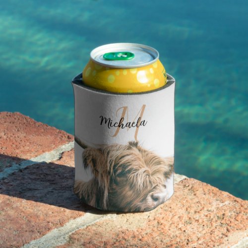 Highland cow portrait custom name initial monogram can cooler