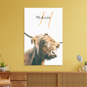 Highland cow portrait custom name initial monogram canvas print