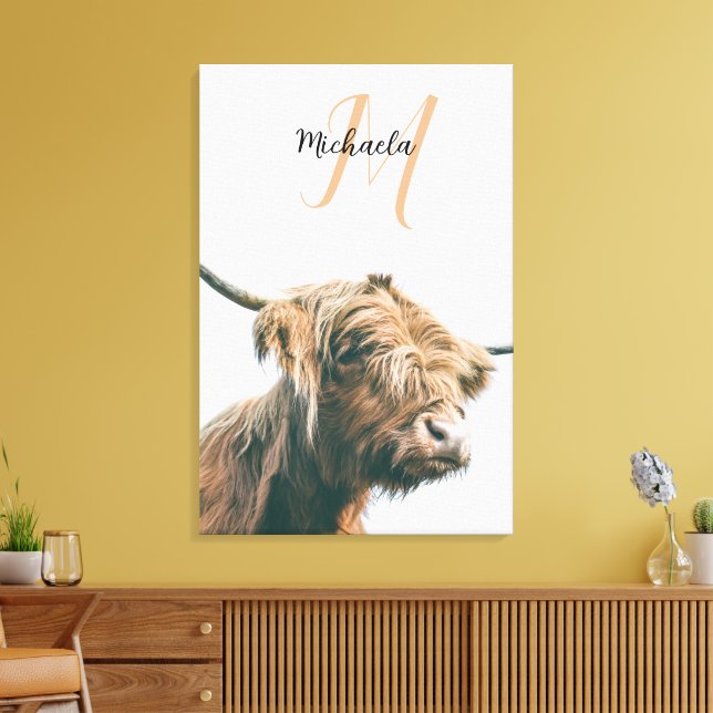 Highland cow portrait custom name initial monogram canvas print (Insitu(LivingRoom))