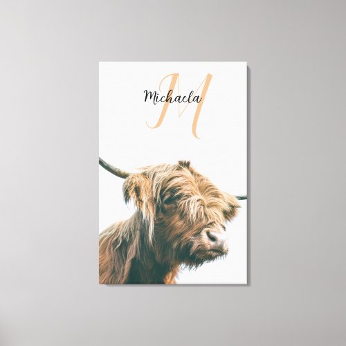 Highland cow portrait custom name initial monogram canvas print