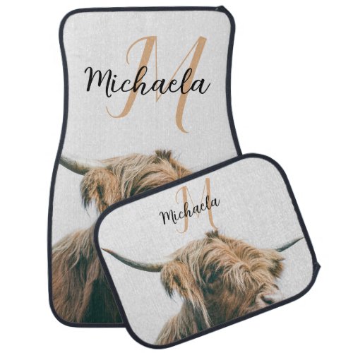 Highland cow portrait custom name initial monogram car floor mat