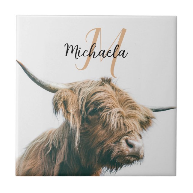 Highland cow portrait custom name initial monogram ceramic tile (Front)