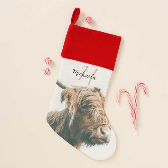 Highland cow portrait custom name initial monogram christmas stocking (Front)