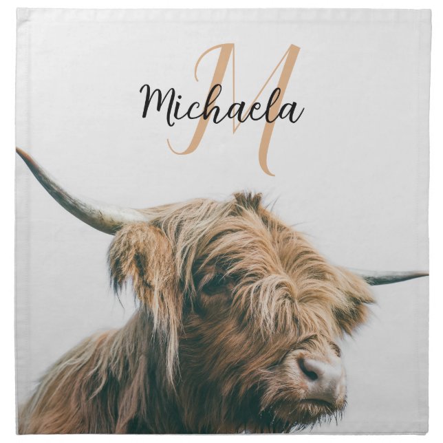Highland cow portrait custom name initial monogram cloth napkin (Front)
