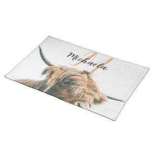 Highland cow portrait custom name initial monogram cloth placemat