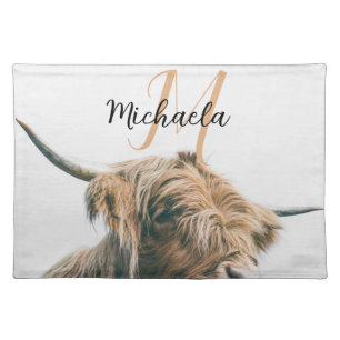 Highland cow portrait custom name initial monogram cloth placemat