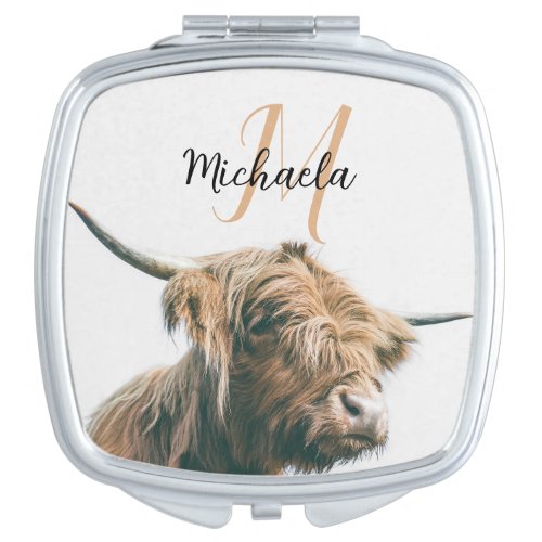Highland cow portrait custom name initial monogram compact mirror