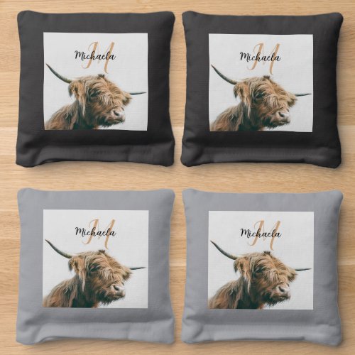 Highland cow portrait custom name initial monogram cornhole bags