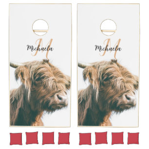 Highland cow portrait custom name initial monogram cornhole set