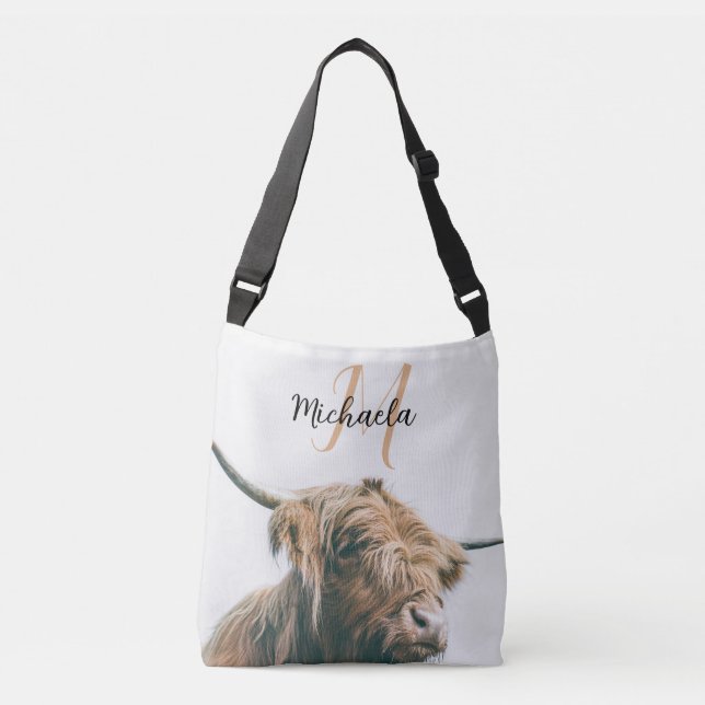 Highland cow portrait custom name initial monogram crossbody bag (Front)
