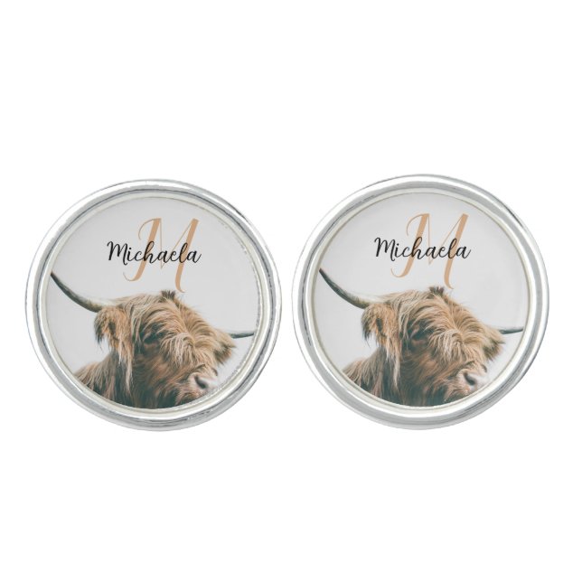 Highland cow portrait custom name initial monogram cufflinks (Front)